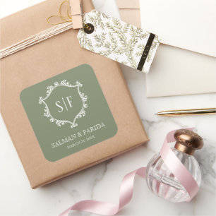Sticker Carré Mariage Monogramme Crête Vert Sauge et Blanc