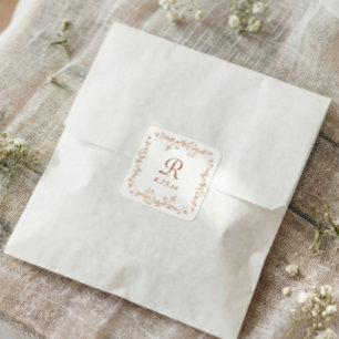 Sticker Carré Mariage Monogramme Cuivre Orange Floral Français