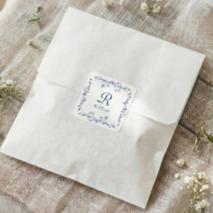 Sticker Carré Mariage Monogramme Vintage Fleur Bleu Nuit Françai