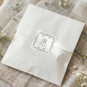 Sticker Carré Mariage Monogramme Violet Aubergine Floral Françai