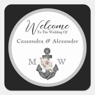 Sticker Carré Mariage nautique Ancre florale noir et blanc