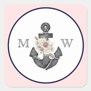 Sticker Carré Mariage nautique Ancre florale rose et marine