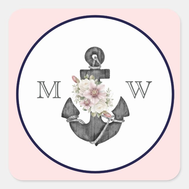 Sticker Carré Mariage nautique Ancre florale rose et marine (Devant)