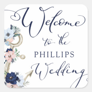 Sticker Carré Mariage nautique Floral Ancre Marine Bleu BIENVENU
