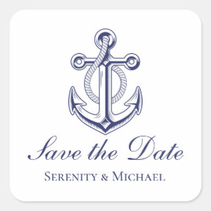 Sticker Carré Mariage nautique Marine Ancre bleue Enregistrer la