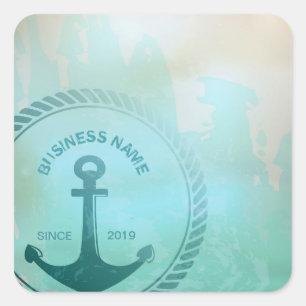 Sticker Carré Mariage nautique vintage rétro Turquoise Ancre
