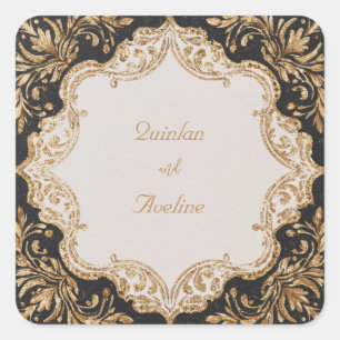 Sticker Carré Mariage Noir Baroque Pailleté Or Luxe