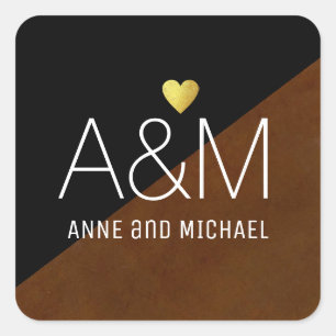 Sticker Carré Mariage noir brun élégant et élégant monogrammé