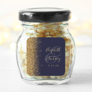 Sticker Carré Mariage Paillettes Or Bleu Foncé Bordure