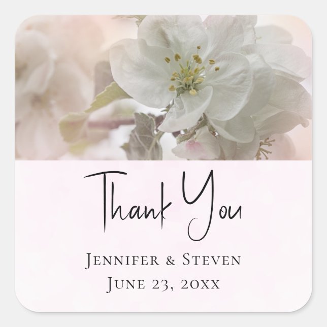 Sticker Carré Mariage photo en fleurs de pomme blanche (Devant)