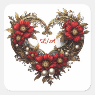 Sticker Carré ✨ Mariage Romantique Avec Cœur De Fleurs Rouges ✨