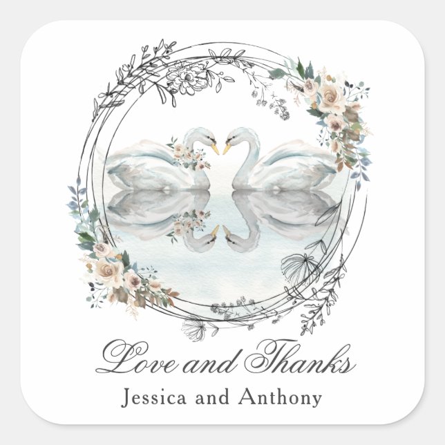 Sticker Carré Mariage romantique Swans Merci (Devant)