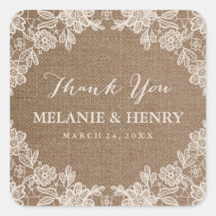 Sticker Carré Mariage Romantique Toile de Jute Dentelle Rustique