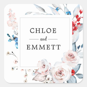 Sticker Carré Mariage rose et bleu fleuri Favoriser