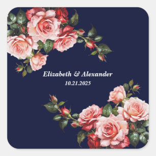Sticker Carré Mariage rose et rouge foncé et bleu marine
