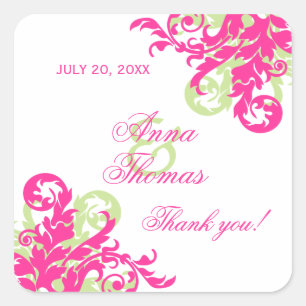 Sticker Carré Mariage rose et vert fleuri Favoriser