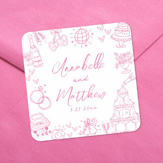 Sticker Carré Mariage Rose Fantaisiste au Dessin Main Original