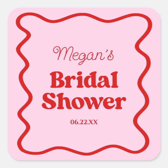 Sticker Carré Mariage Rose Rouge Ondulé Bordure (Devant)