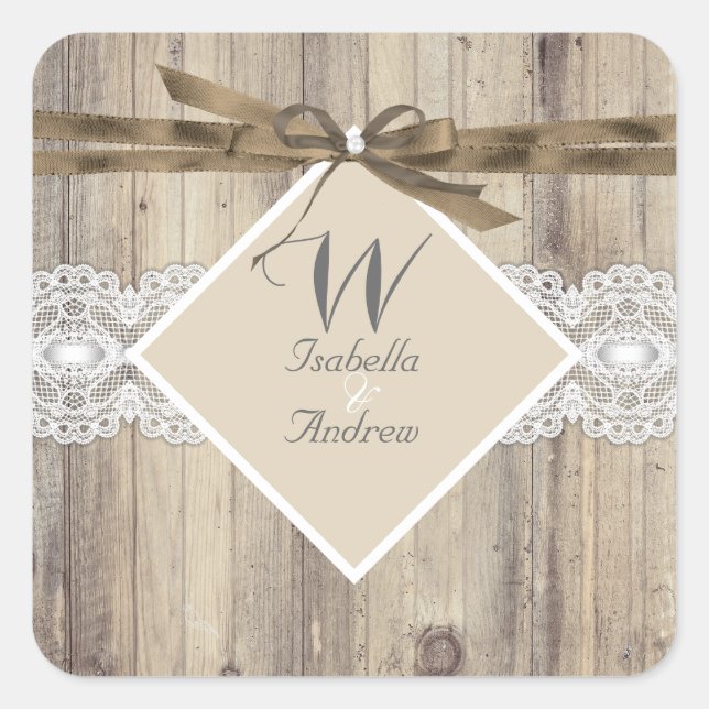 Sticker Carré Mariage Russe Beige Blanc dentelle Bois 2 (Devant)