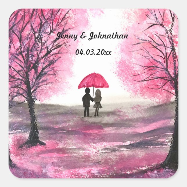 Sticker Carré Mariage rustique amour couple cerisier fleurs arbr (Devant)