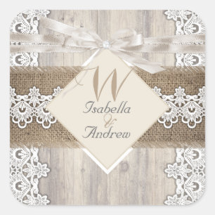 Sticker Carré Mariage rustique beige blanc dentelle bois toile d