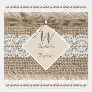 Sticker Carré Mariage Rustique Beige Blanc Dentelle Burlap