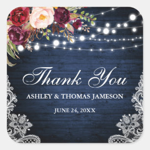 Sticker Carré Mariage Rustique Bleu Bois Luminaires Merci Floral