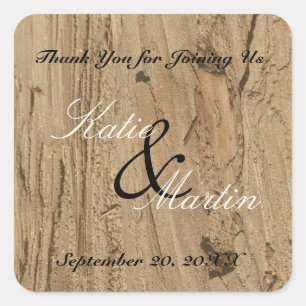 Sticker Carré Mariage rustique Brown Woodgrain Merci photo