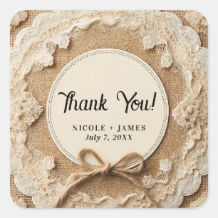 Sticker Carré Mariage rustique Burlap Lace & Twine Bow