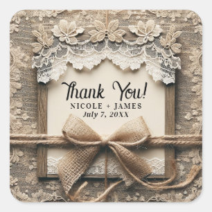 Sticker Carré Mariage rustique en toile de jute avec dentelle fl