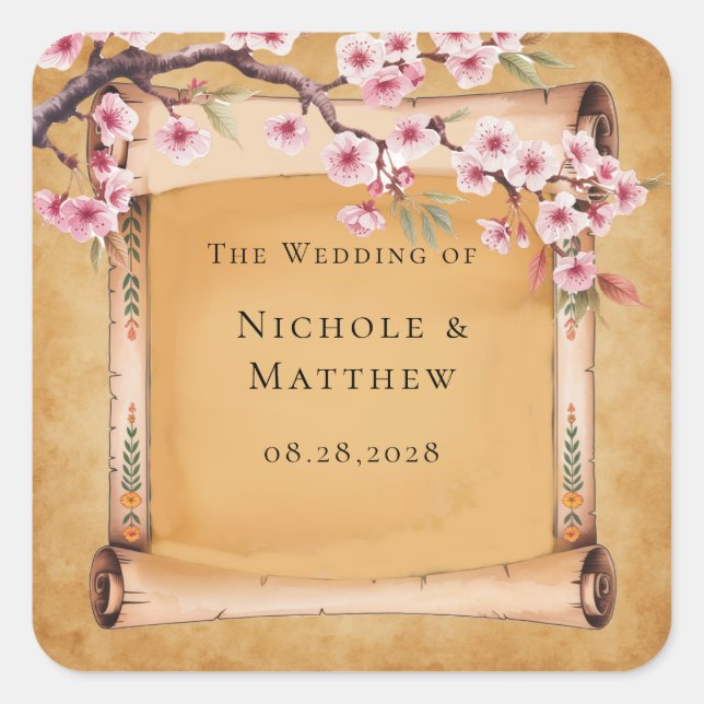 Sticker Carré Mariage Rustique Floral Scroll Cherry Blossom (Devant)
