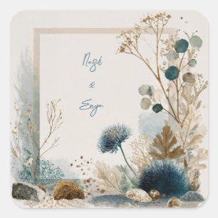 Sticker Carré Mariage Rustique Marin aux Tons Bleu Indigo Botani