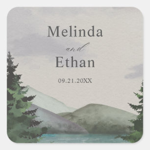 Sticker Carré Mariage Rustique Mountain & Lake Evergreen