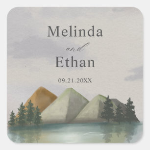 Sticker Carré Mariage Rustique Mountain & Lake Evergreen