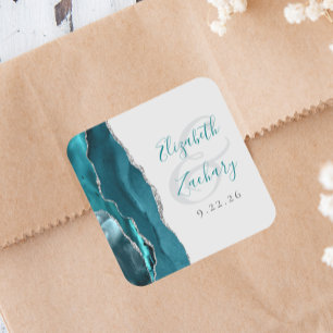 Sticker Carré Mariage Script Géode d'Agate Bleu Turquoise Gris A