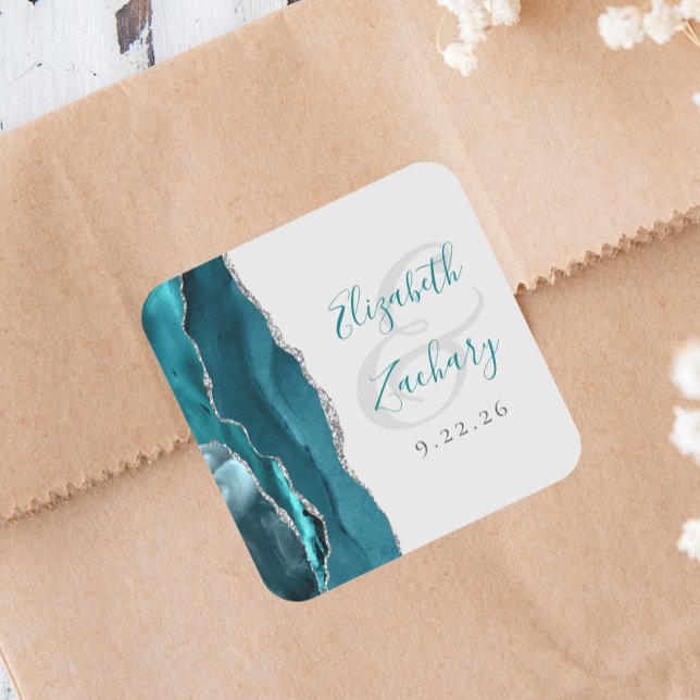 Sticker Carré Mariage Script Géode d'Agate Bleu Turquoise Gris A (Créateur téléchargé)