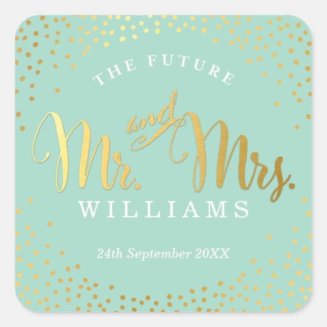 Sticker Carré MARIAGE SEAL élégant mini confetti menthe or (Devant)