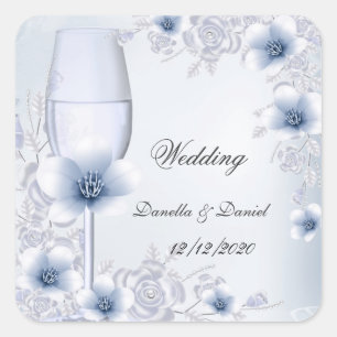 Sticker Carré Mariage Silver Blue Florals fleurs Rose