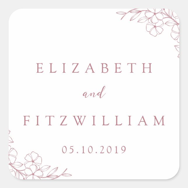 Sticker Carré Mariage simple main tiré rose cerise en fleurs (Devant)