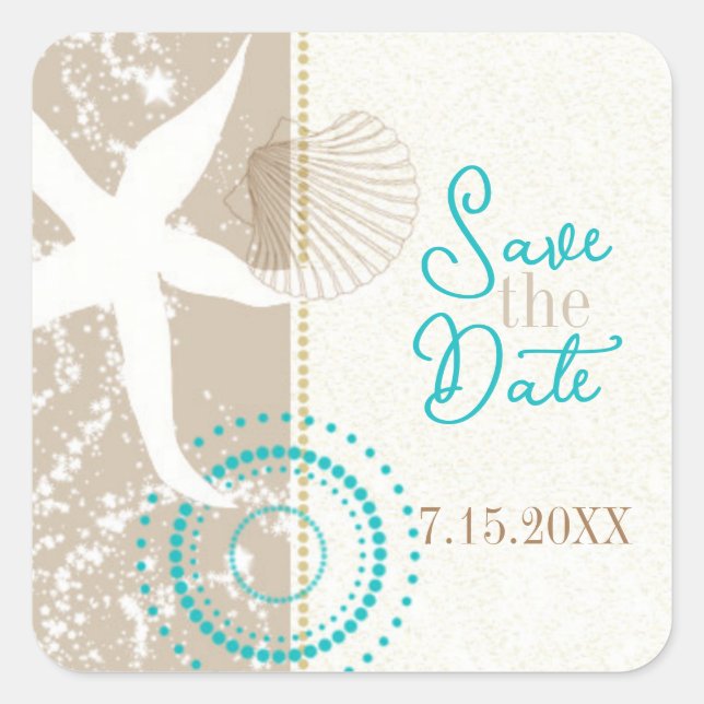 Sticker Carré Mariage Tan Beige Beach Enregistrer la date (Devant)
