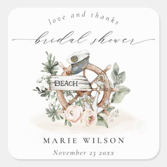 Sticker Carré Mariage Thème Ancrage Nautilus Floral Feuillu (Devant)