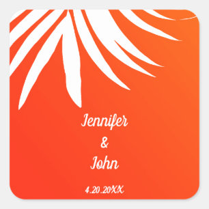 Sticker Carré Mariage Tropical Palm Leaf Sunset Orange Beach
