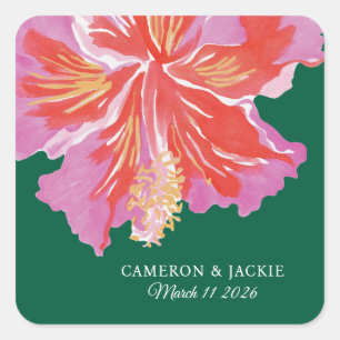 Sticker Carré Mariage Tropical Vibrant à l'Hibiscus