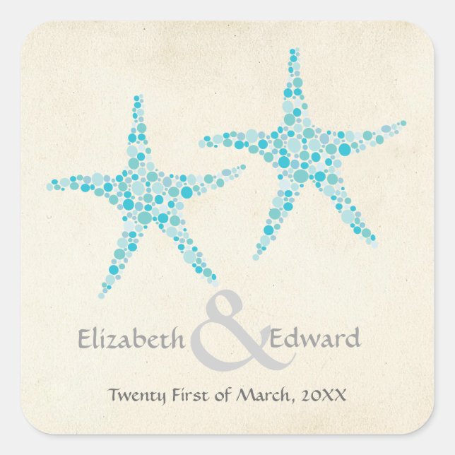 Sticker Carré Mariage Turquoise Aqua Starfish Enregistrer la dat (Devant)