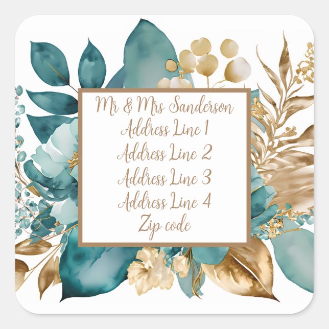 Sticker Carré Mariage turquoise & or Floral (Devant)