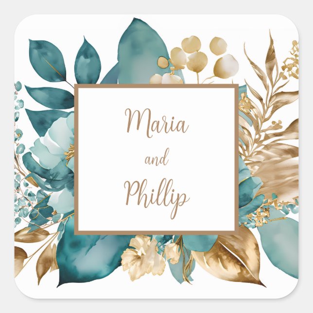 Sticker Carré Mariage turquoise & or Floral (Devant)