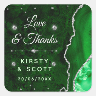 Sticker Carré Mariage Vert & Paillettes d'Argent Agate et marbre