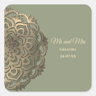 Sticker Carré Mariage Vert Sauge et Or Élégant Luxe