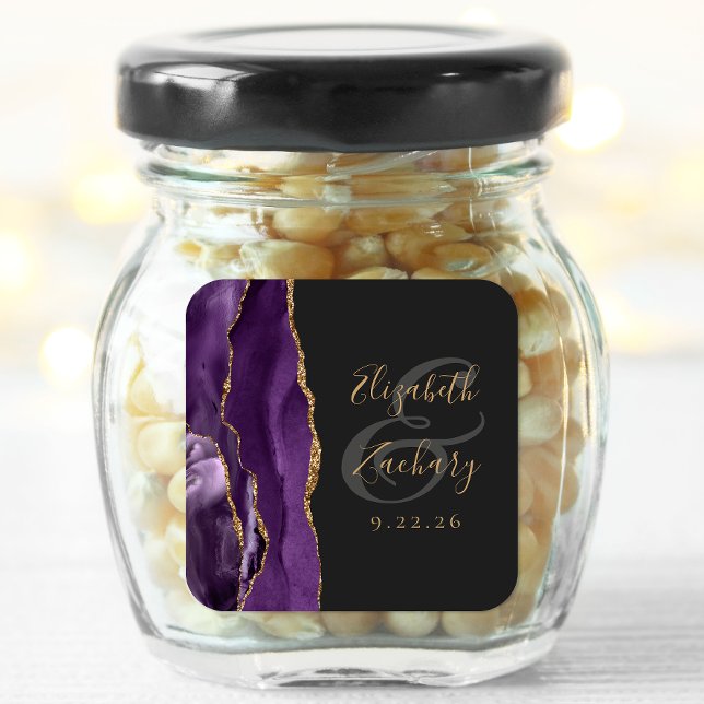 Sticker Carré Mariage Violet Or Foncé Agate Géode Script (Créateur téléchargé)
