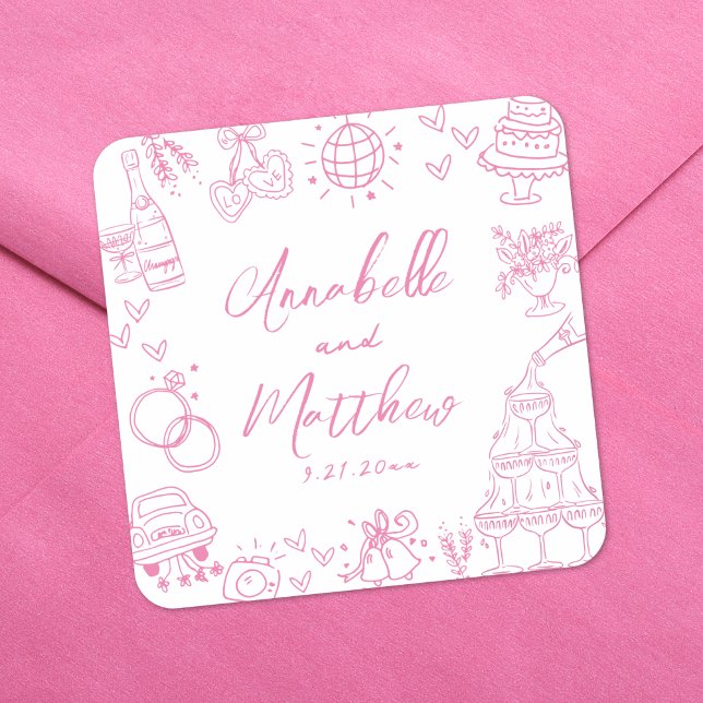 Sticker Carré Mariage Whimsical rose Tirky Main (Quirky Hand Drawn Pink Whimsical Wedding Square Sticker )
